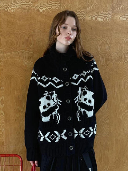 Panda Knit Cardigan Retro Cozy Fair Isle Sweater