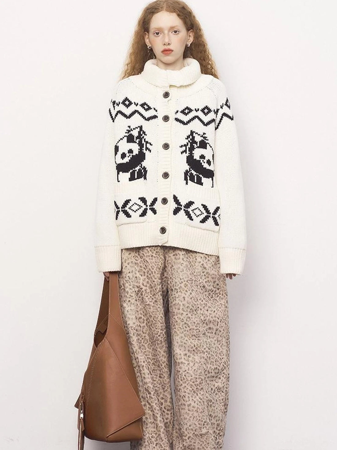 Panda Knit Cardigan Retro Cozy Fair Isle Sweater