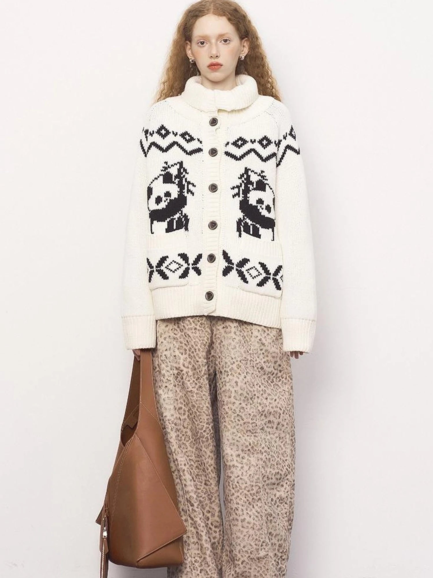 Panda Knit Cardigan Retro Cozy Fair Isle Sweater