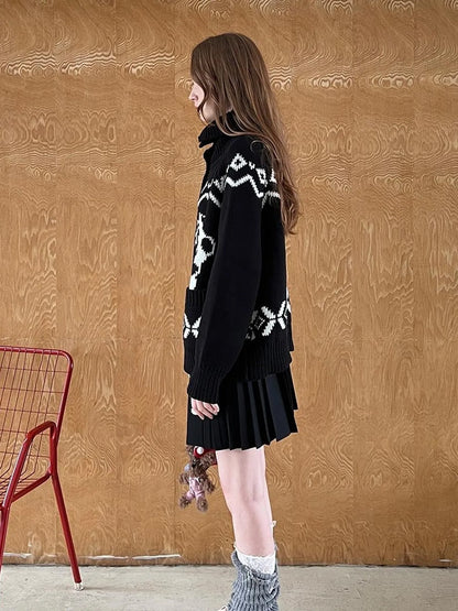 Panda Knit Cardigan Retro Cozy Fair Isle Sweater