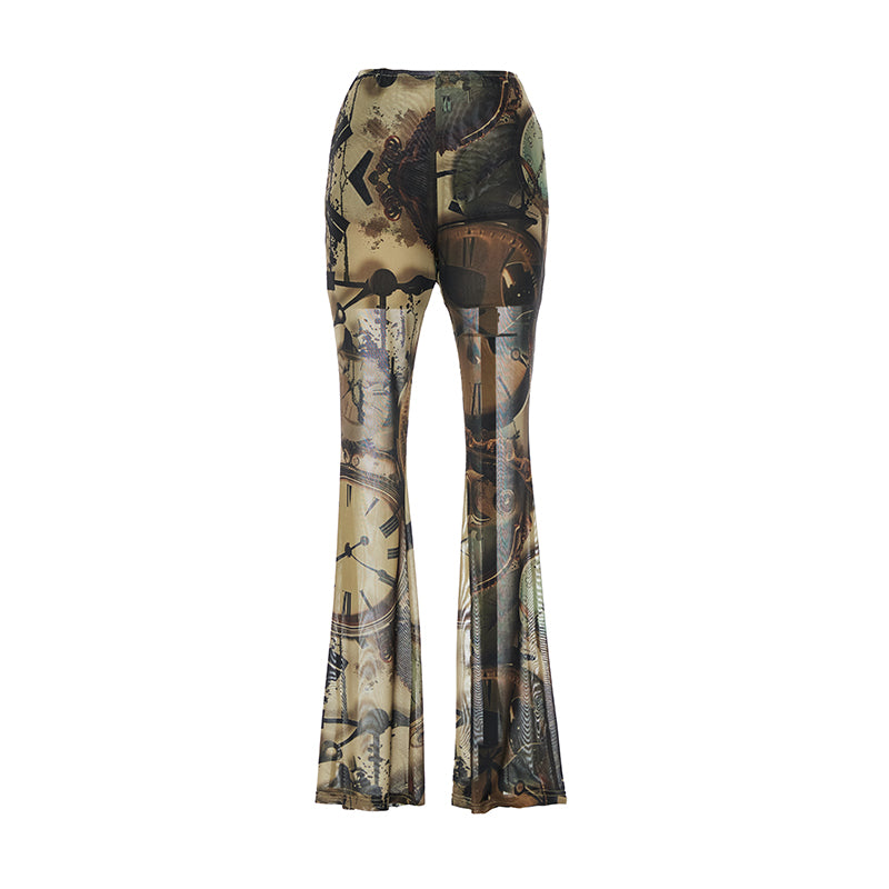 YOSHUYUKI Clock Print Mesh Slip Dress Asymmetric Hem Sheer V-Neck T-Shirt Long-Sleeve