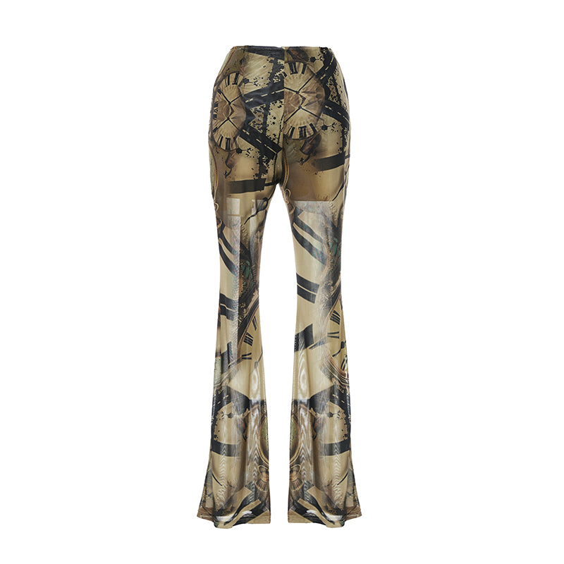 Vintage Clock Print Flared Mesh Stretch Pants