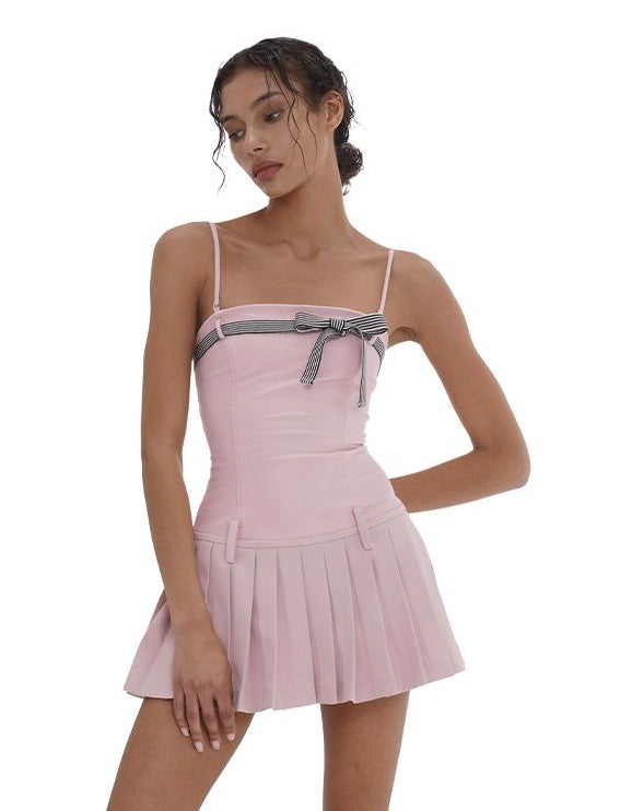 Paris Bow Detachable Strapless Bustier Dress with Pleated Skirt