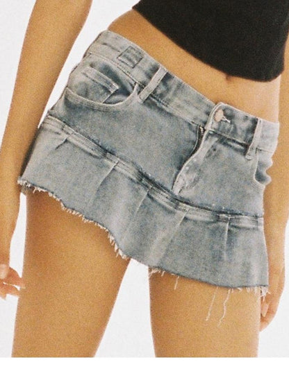 Patchwork Denim Pleated Mini Skirt