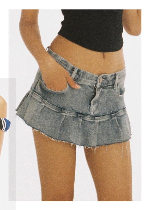 Patchwork Denim Pleated Mini Skirt