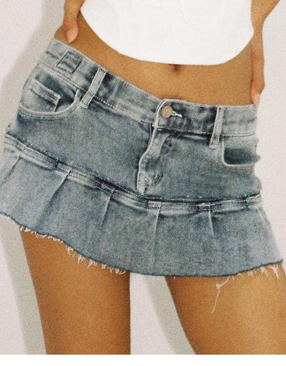 Patchwork Denim Pleated Mini Skirt