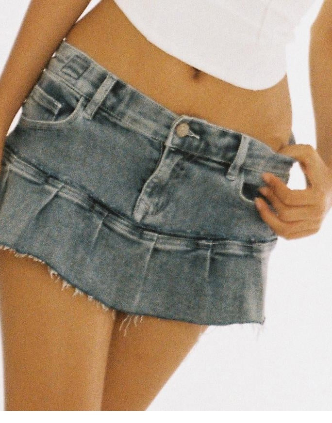 Patchwork Denim Pleated Mini Skirt