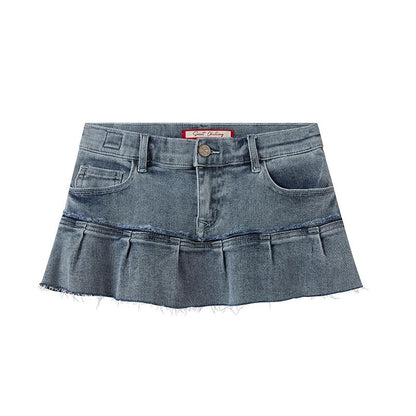 Patchwork Denim Pleated Mini Skirt