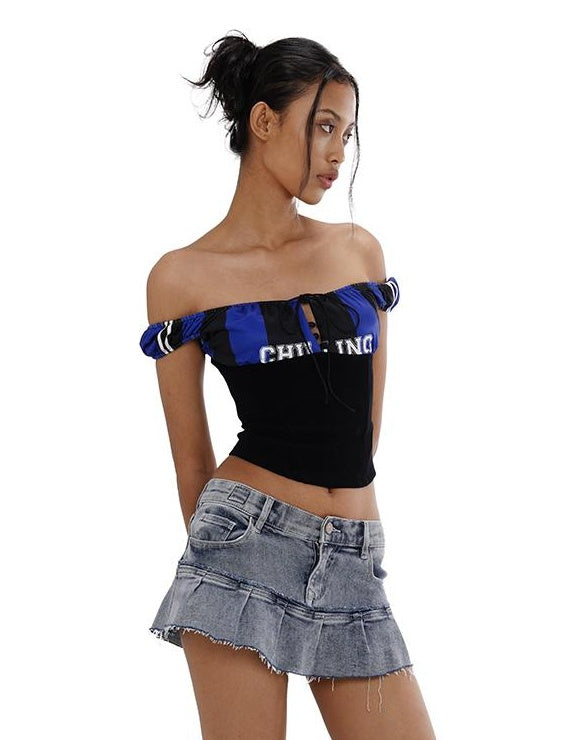 Patchwork Denim Pleated Mini Skirt