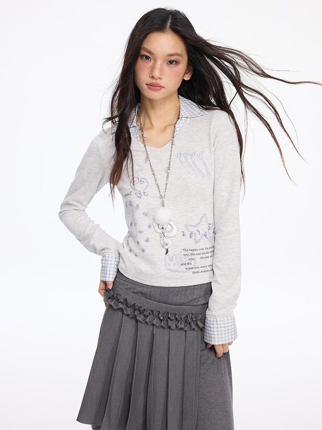 MOMSYCAN FOX LINE Patchwork Grid Collar Embroidered T Shirt With Soft Knit Fabric