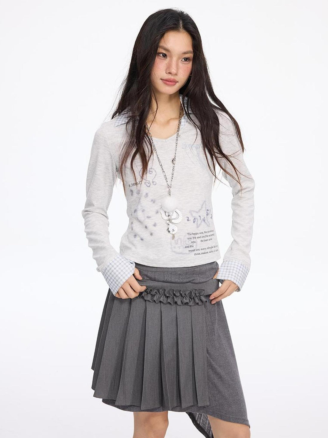 MOMSYCAN FOX LINE Patchwork Grid Collar Embroidered T Shirt With Soft Knit Fabric