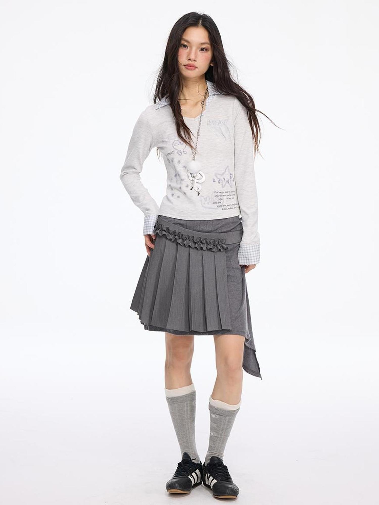 MOMSYCAN FOX LINE Patchwork Grid Collar Embroidered T Shirt With Soft Knit Fabric