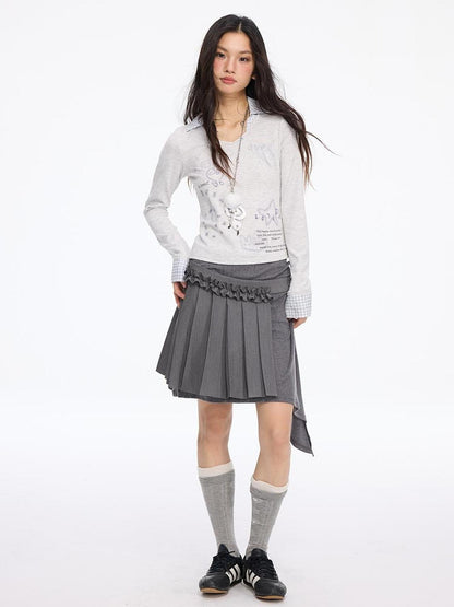 MOMSYCAN FOX LINE Patchwork Grid Collar Embroidered T Shirt With Soft Knit Fabric
