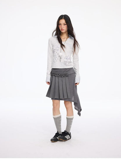 MOMSYCAN FOX LINE Patchwork Grid Collar Embroidered T Shirt With Soft Knit Fabric
