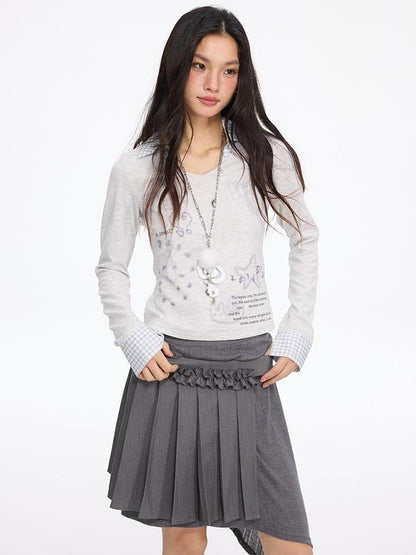 MOMSYCAN FOX LINE Patchwork Grid Collar Embroidered T Shirt With Soft Knit Fabric