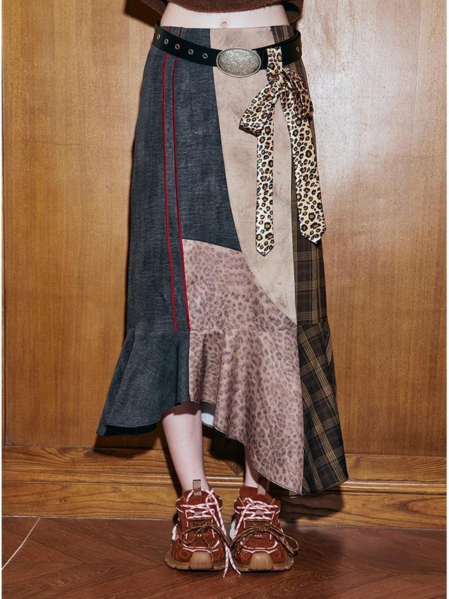 DIDDI MODA Patchwork Leopard Plaid Asymmetrical Midi Skirt