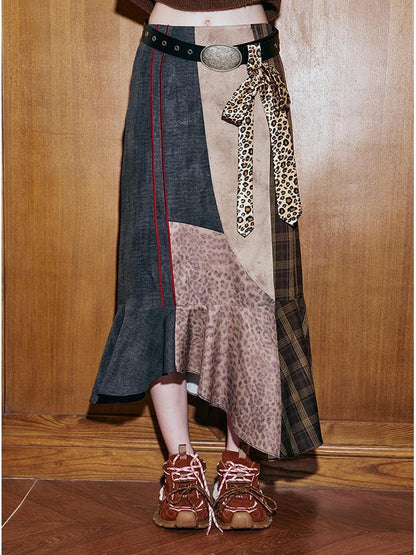 DIDDI MODA Patchwork Leopard Plaid Asymmetrical Midi Skirt