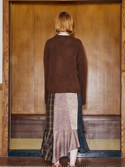 DIDDI MODA Patchwork Leopard Plaid Asymmetrical Midi Skirt