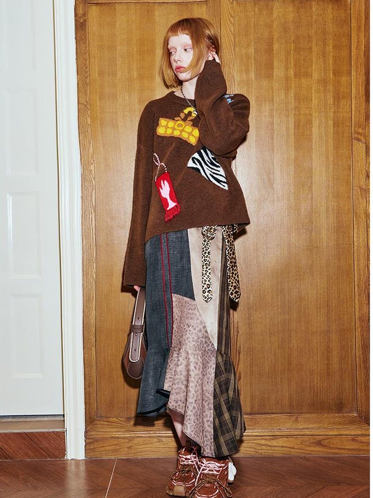 DIDDI MODA Patchwork Leopard Plaid Asymmetrical Midi Skirt