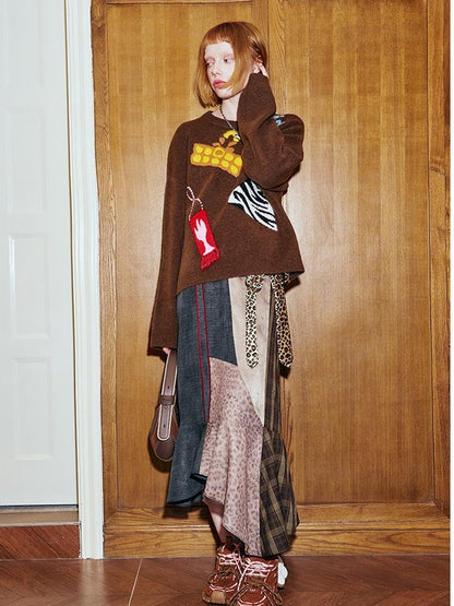 DIDDI MODA Patchwork Leopard Plaid Asymmetrical Midi Skirt