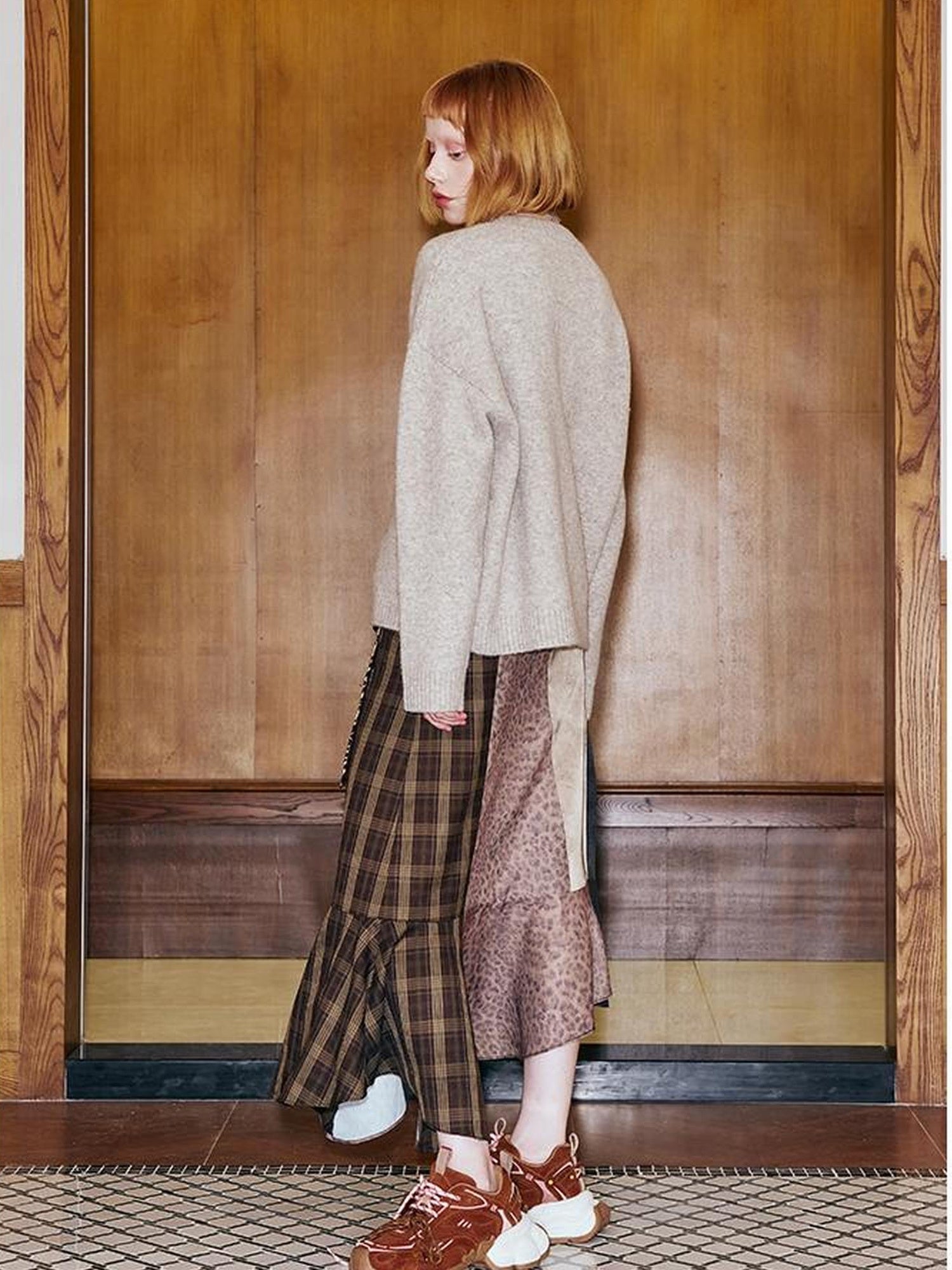 DIDDI MODA Patchwork Leopard Plaid Asymmetrical Midi Skirt