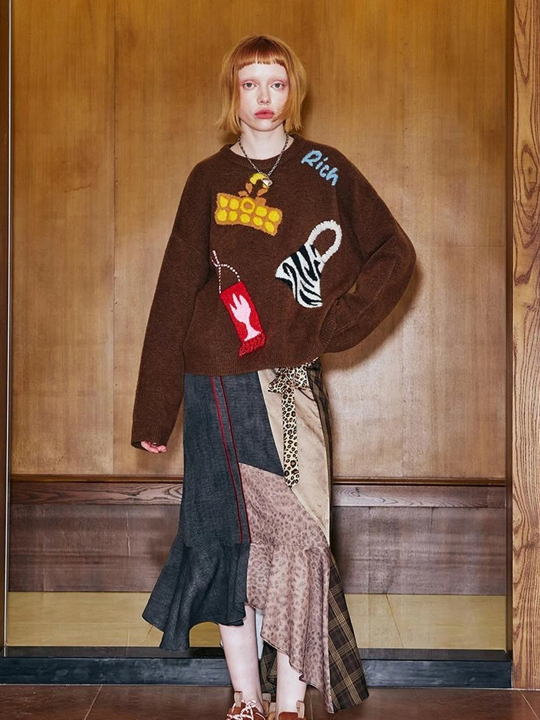 Patchwork Leopard Plaid Asymmetrical Midi Skirt