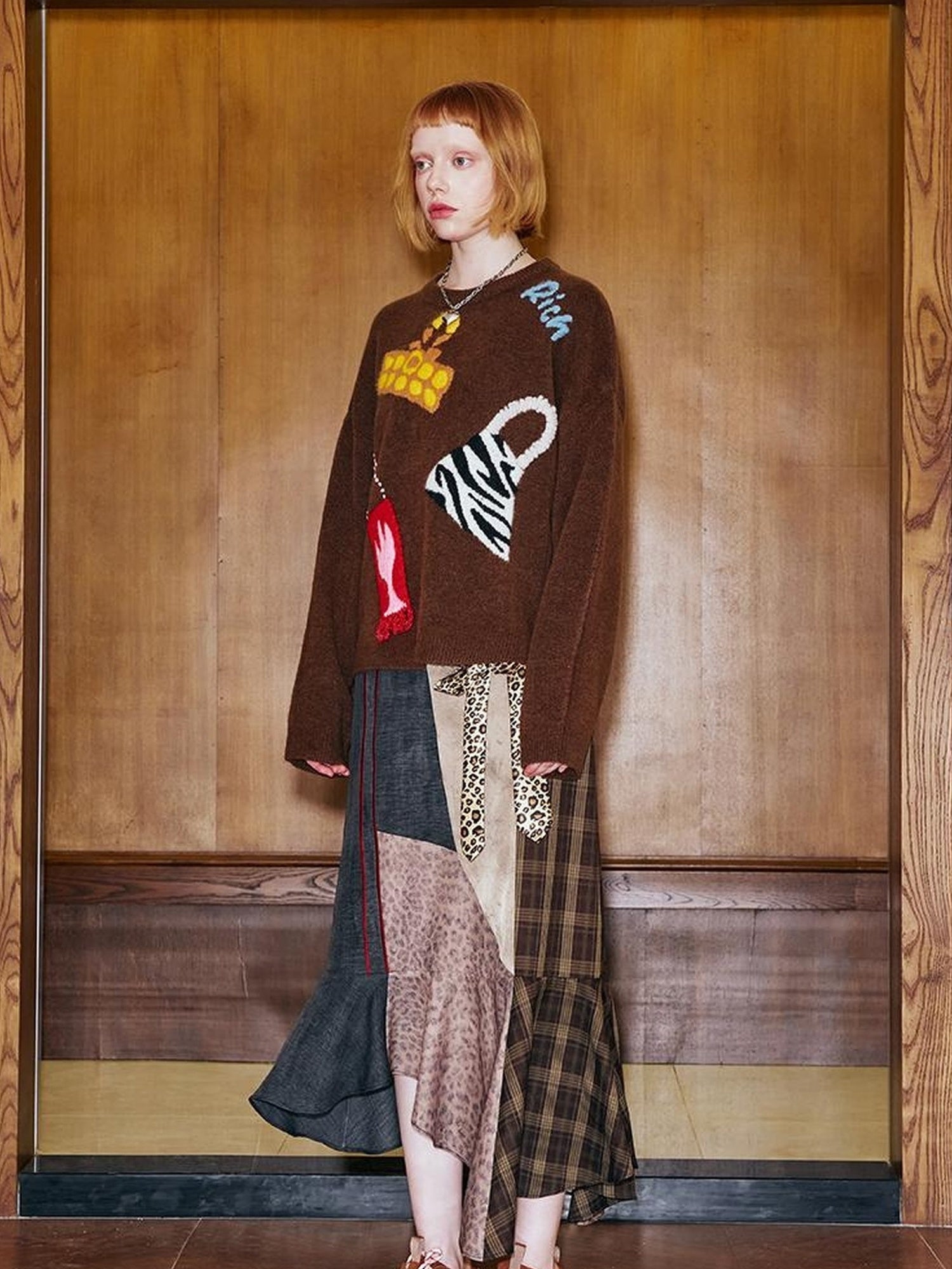DIDDI MODA Patchwork Leopard Plaid Asymmetrical Midi Skirt
