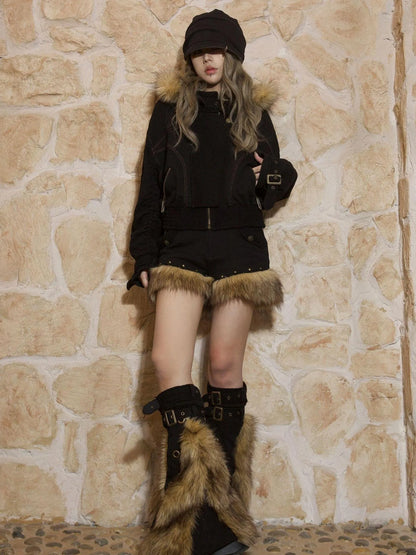 Patchwork Plush Punk Shorts Irregular Wool Blend Streetwear