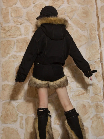 Patchwork Plush Punk Shorts Irregular Wool Blend Streetwear