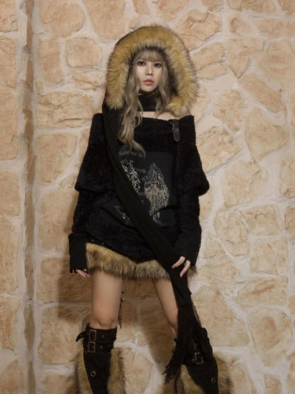 Patchwork Plush Punk Shorts Irregular Wool Blend Streetwear