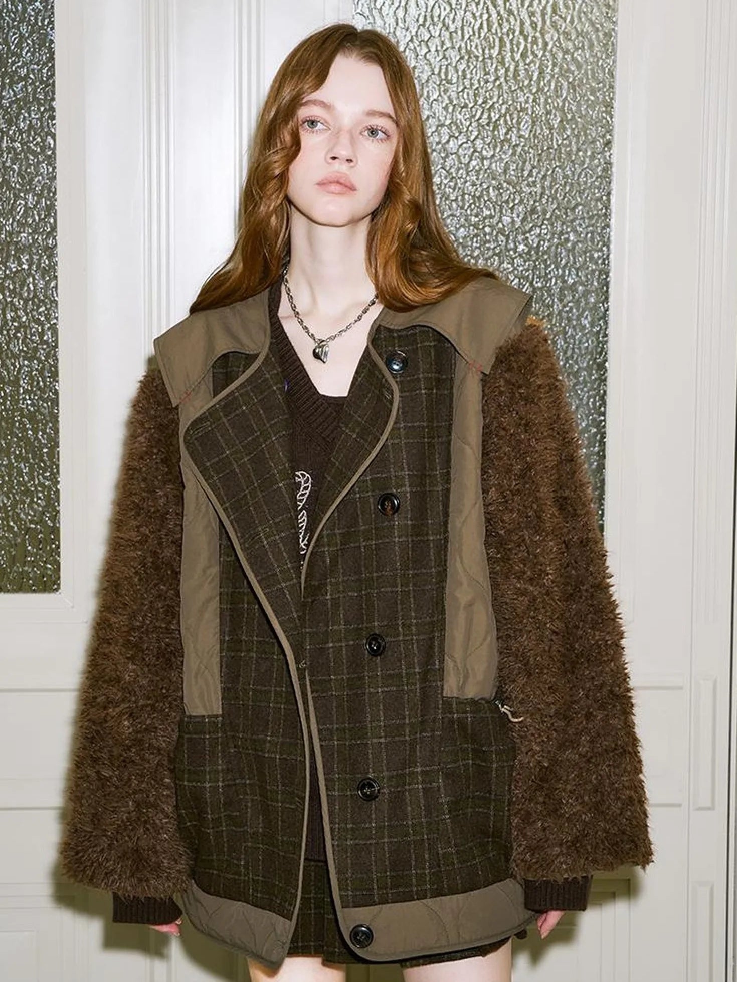 Patchwork Quilted Check Coat With Furry Oversized Sleeves