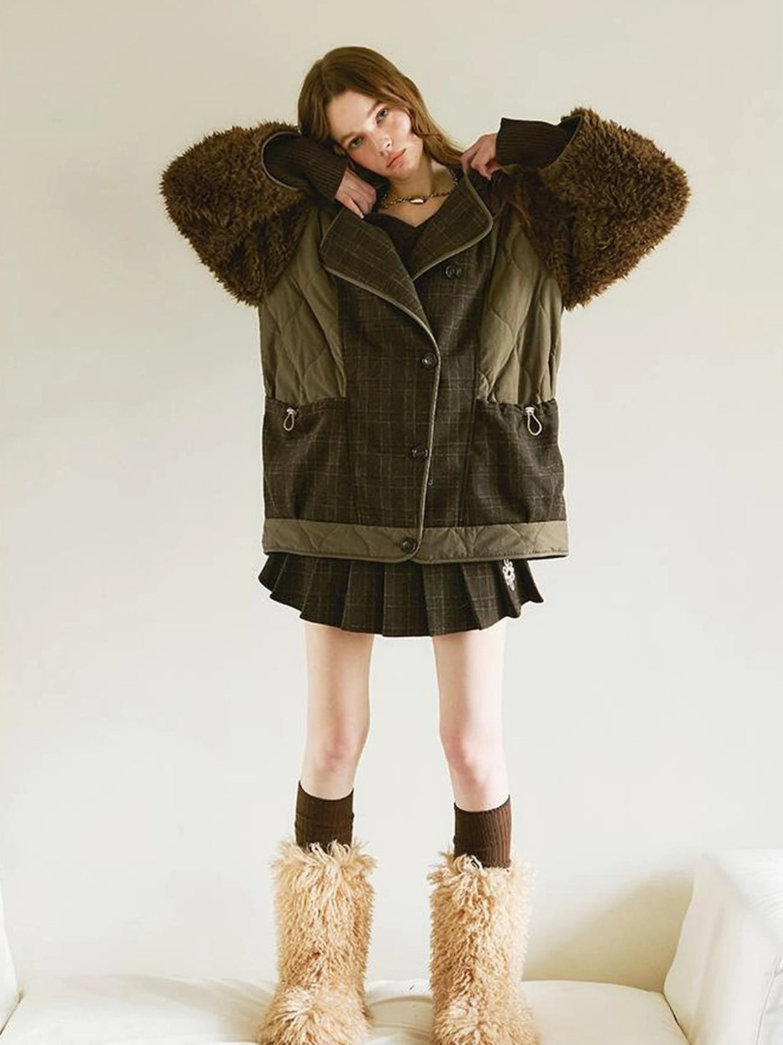 Patchwork Quilted Check Coat With Furry Oversized Sleeves