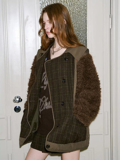 Patchwork Quilted Check Coat With Furry Oversized Sleeves