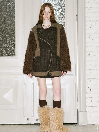Patchwork Quilted Check Coat With Furry Oversized Sleeves
