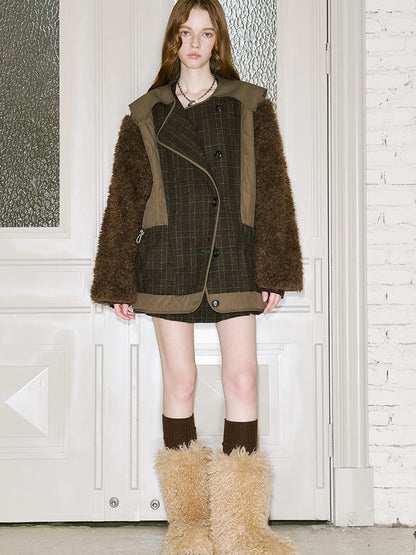 Patchwork Quilted Check Coat With Furry Oversized Sleeves