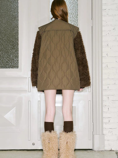 Patchwork Quilted Check Coat With Furry Oversized Sleeves