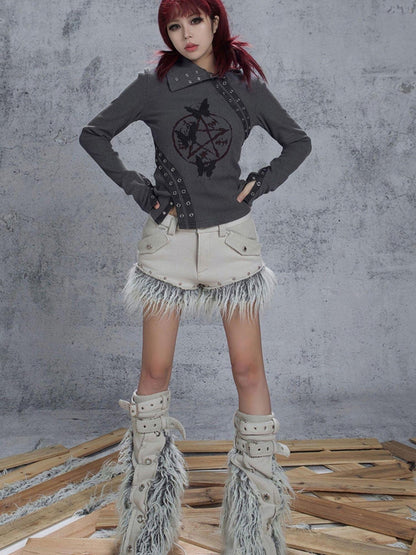 ARIADNAw Patchwork Wool Punk Shorts Deer Velvet Street Edge