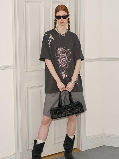 DIDDI MODA Pearl Dragon Print Cotton Tee