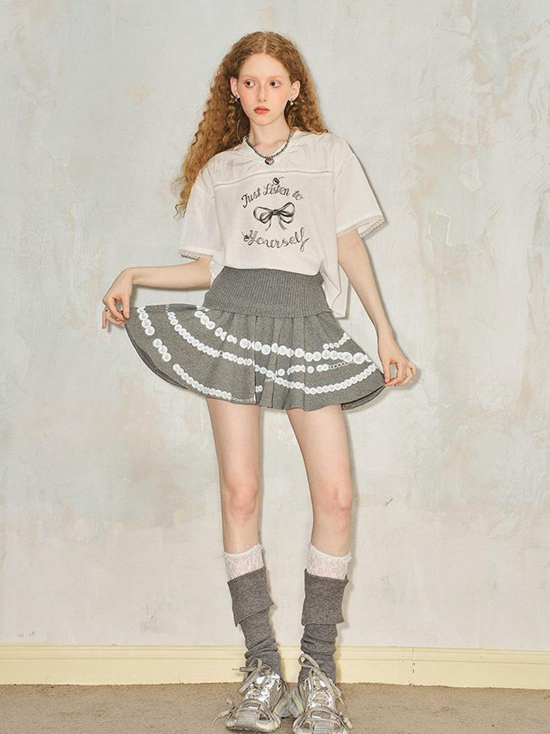 DIDDI MODA Pearl Necklace Print Knitted Pleated Skirt