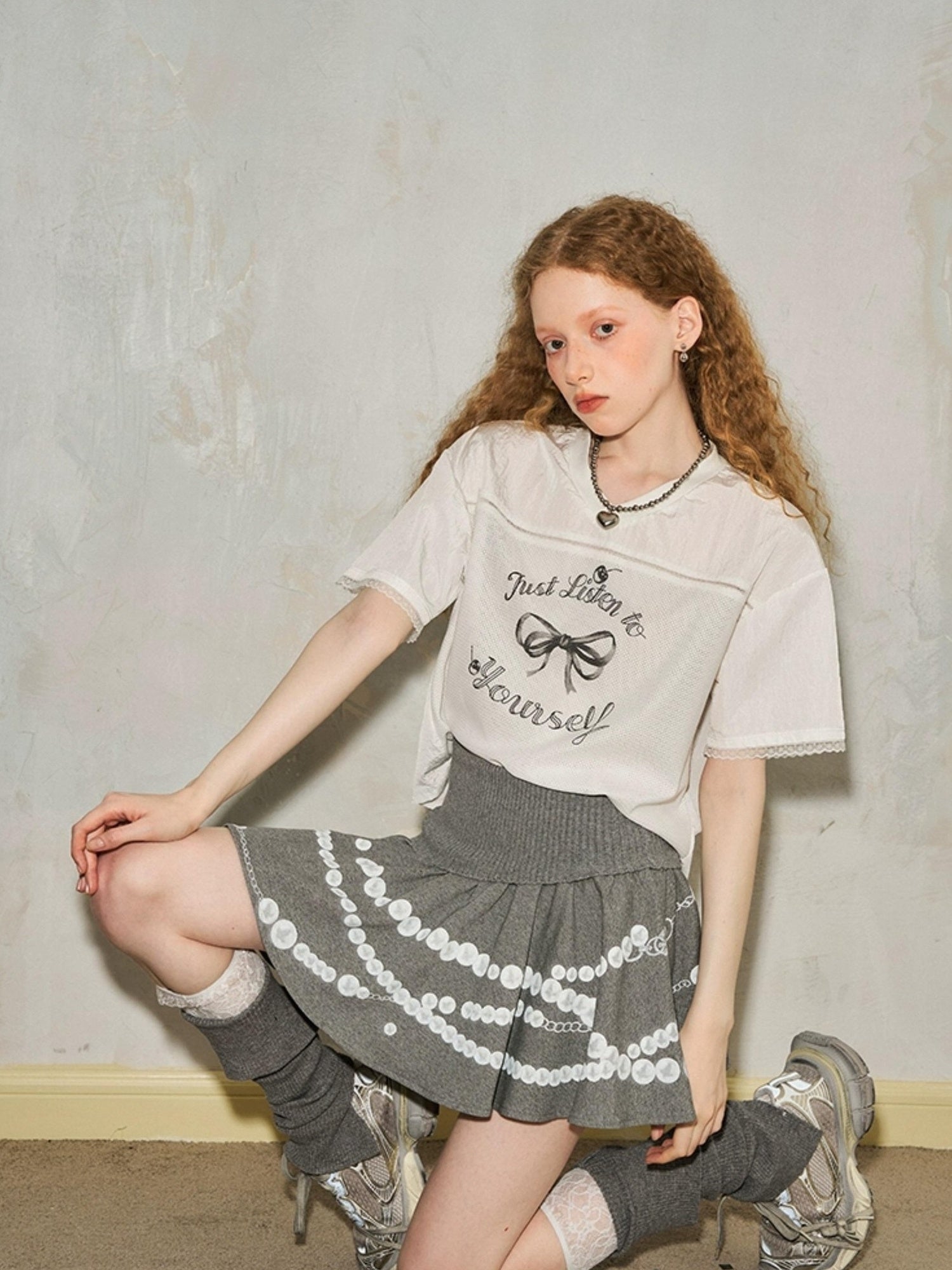 DIDDI MODA Pearl Necklace Print Knitted Pleated Skirt
