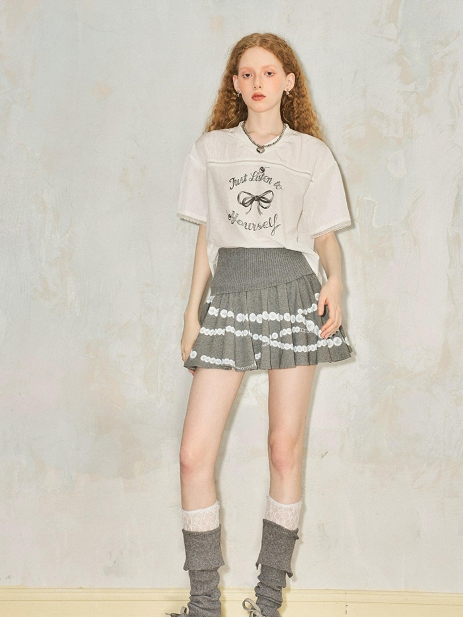DIDDI MODA Pearl Necklace Print Knitted Pleated Skirt