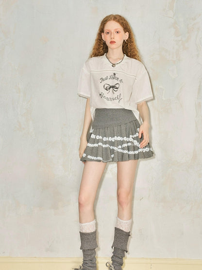 DIDDI MODA Pearl Necklace Print Knitted Pleated Skirt