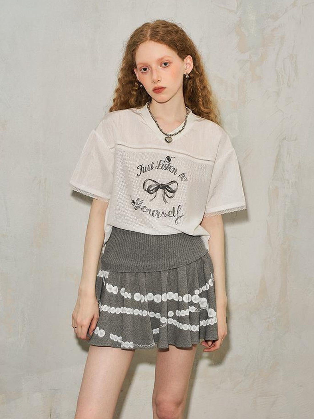 DIDDI MODA Pearl Necklace Print Knitted Pleated Skirt