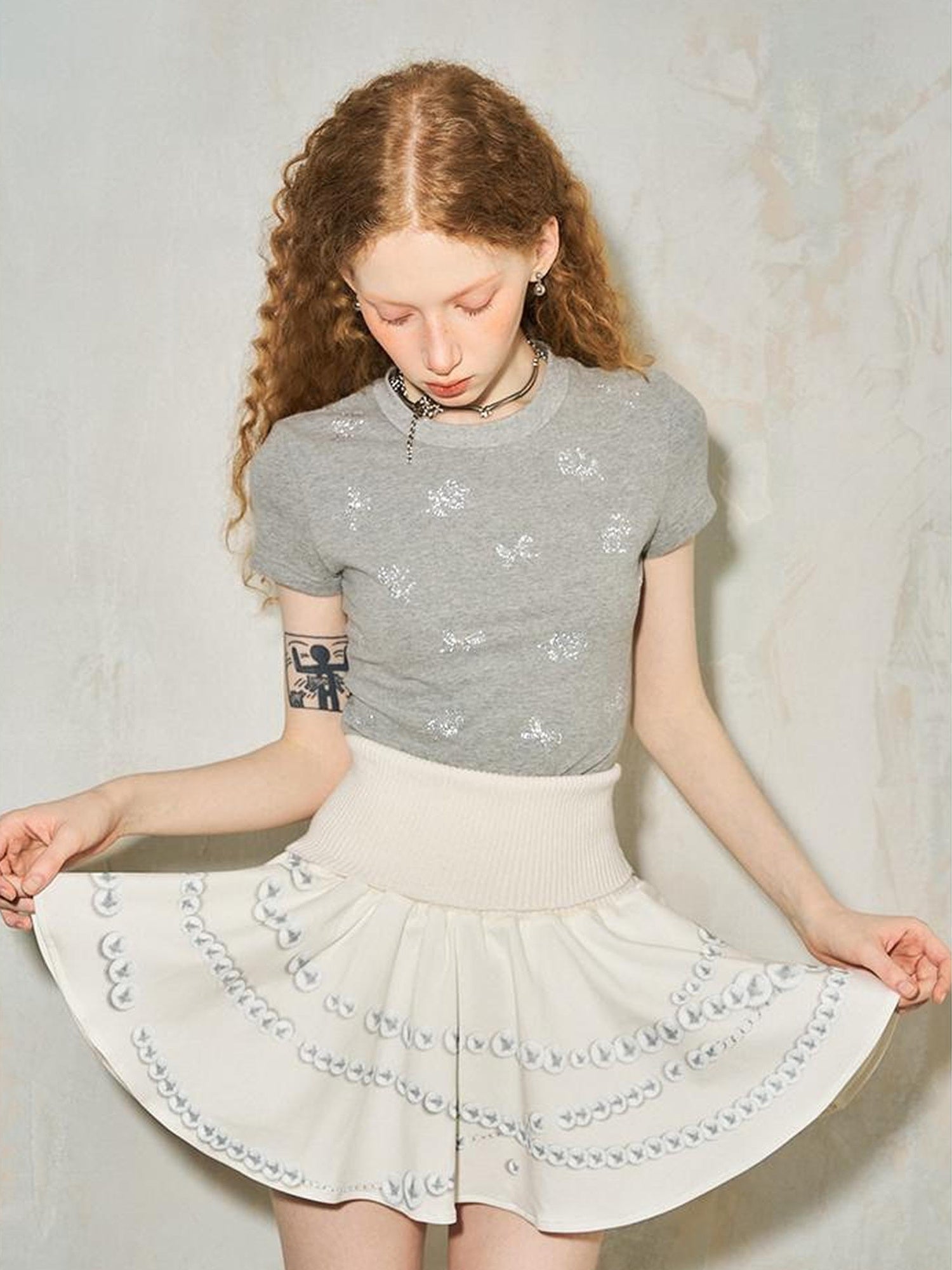 DIDDI MODA Pearl Necklace Print Knitted Pleated Skirt