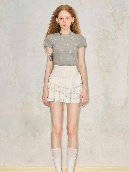 DIDDI MODA Pearl Necklace Print Knitted Pleated Skirt