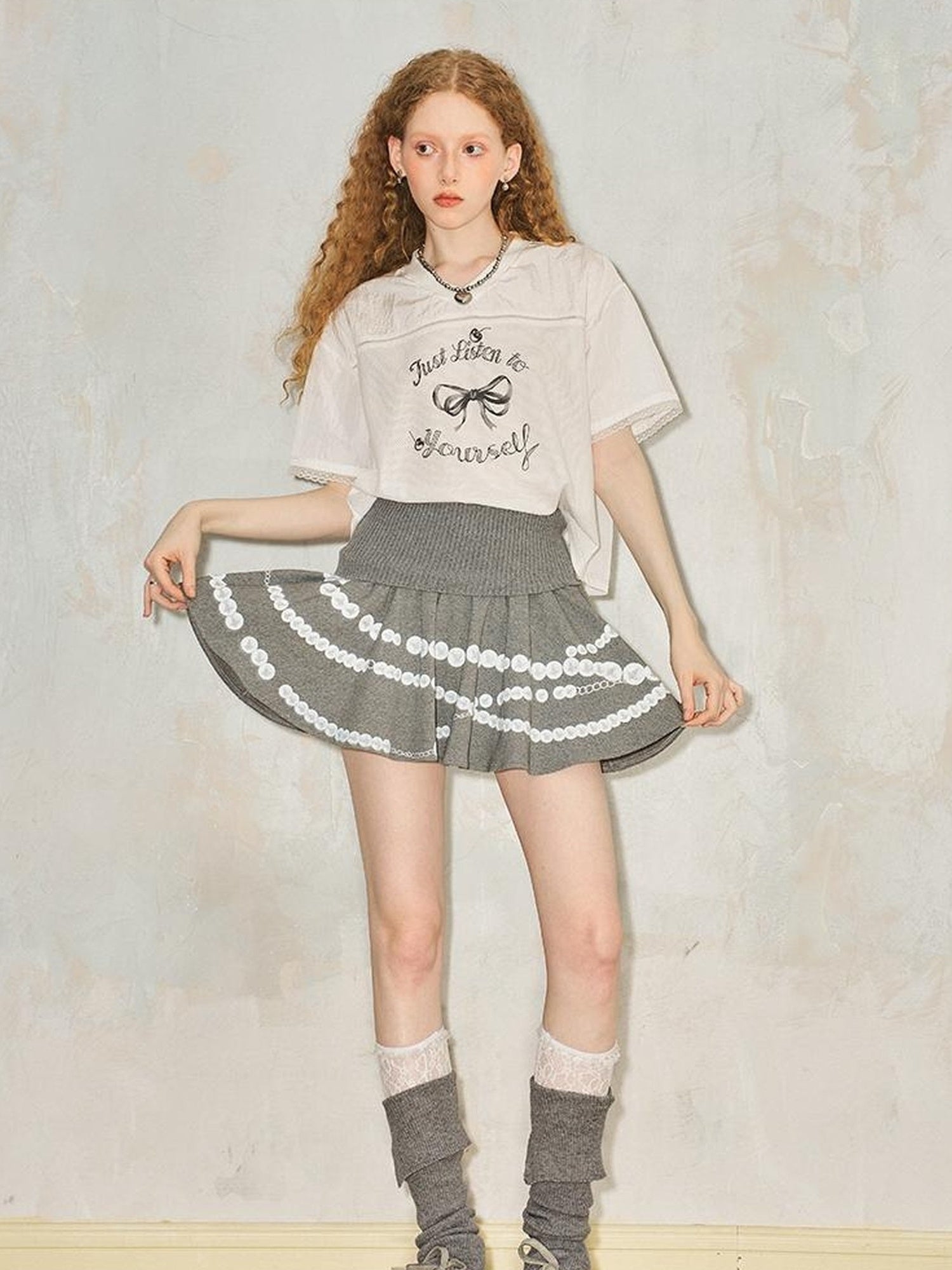DIDDI MODA Pearl Necklace Print Knitted Pleated Skirt
