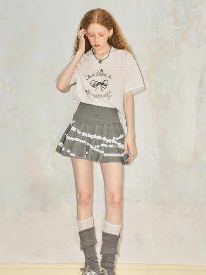 DIDDI MODA Pearl Necklace Print Knitted Pleated Skirt
