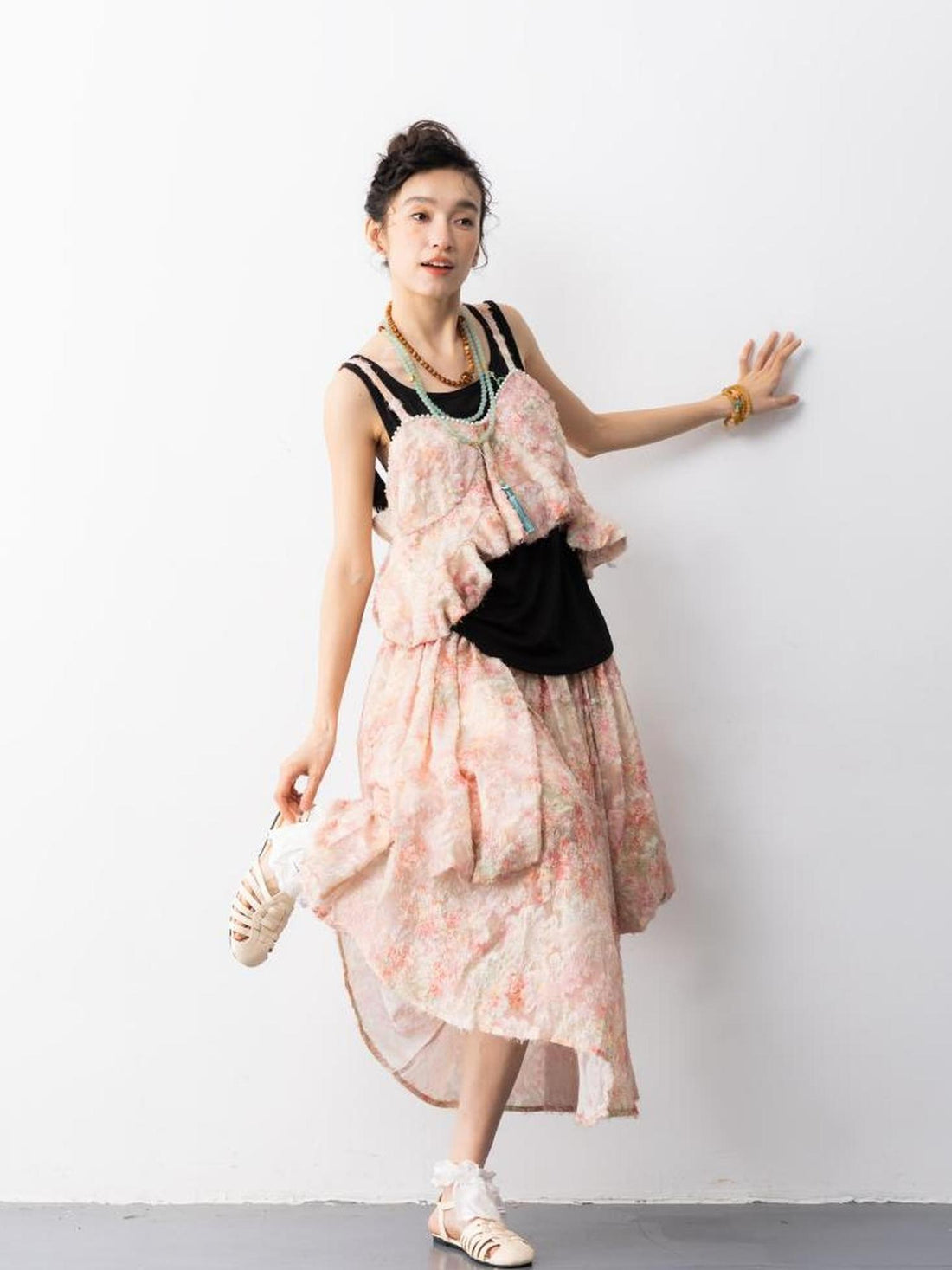 Sweet Mi Pearl Tassel Jacquard Butterfly Sling Dress Set