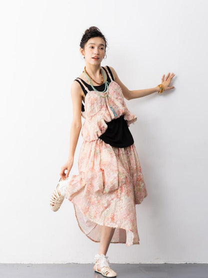 Sweet Mi Pearl Tassel Jacquard Butterfly Sling Dress Set