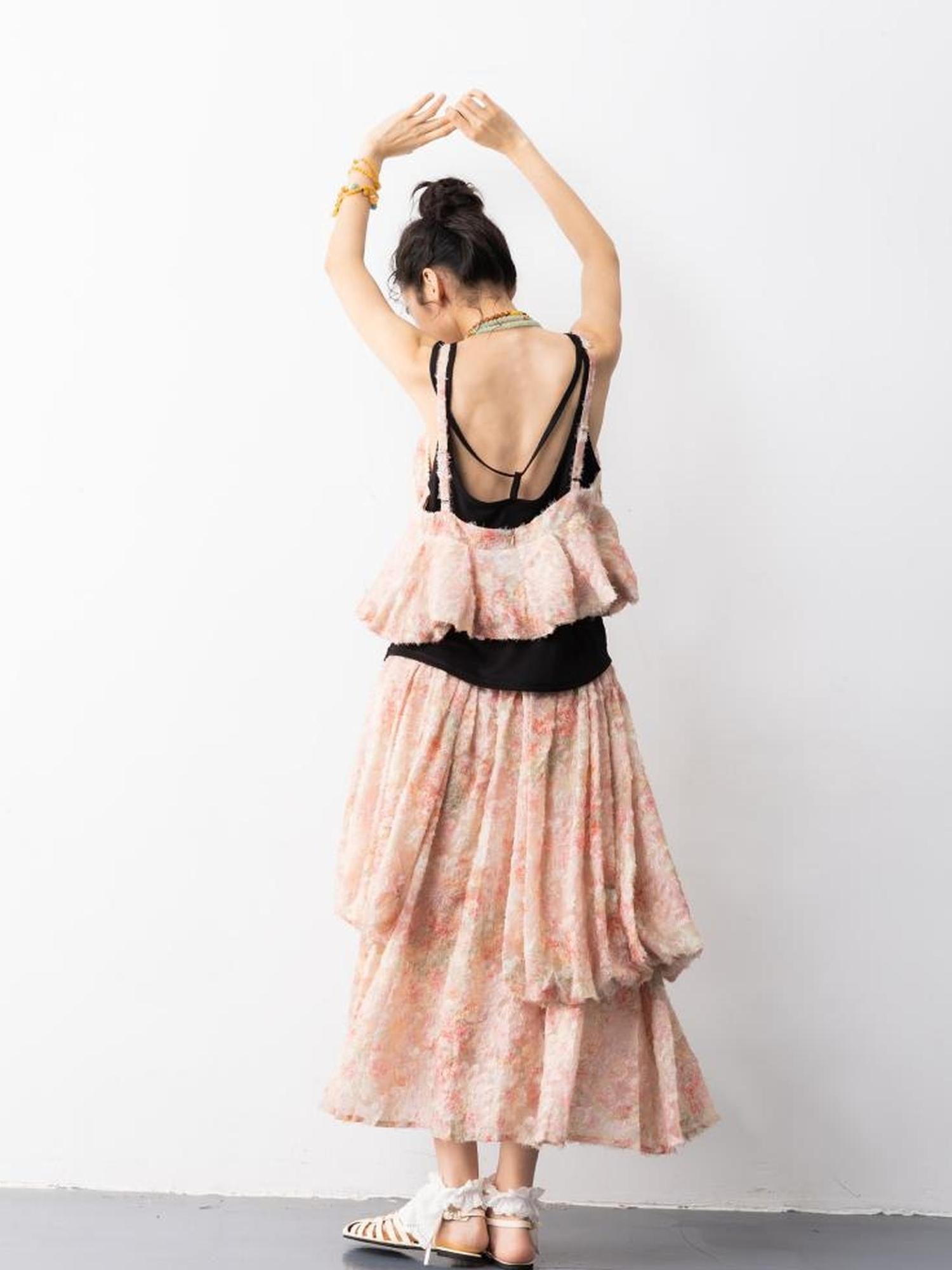 Sweet Mi Pearl Tassel Jacquard Butterfly Sling Dress Set